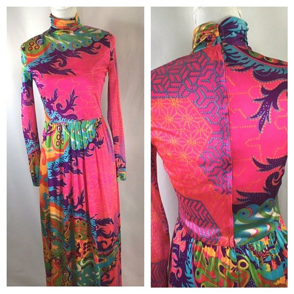 Vtg 60's Maxi Dress~Hippie~Psychedelic~Handmade~ - Picture 3 of 11